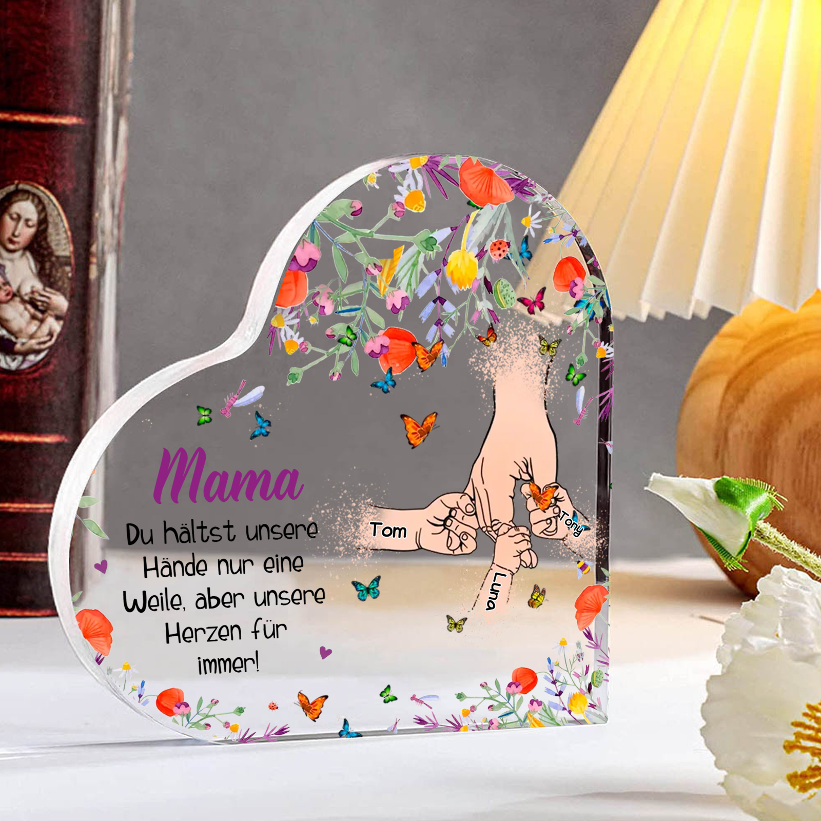Personalisierte 3 Namen Herz Acryl-Deko -Mama Du hältst mein Hand nur eine Weile, aber unsere Herzen für immer- Schreibtischdekoration für Mutter