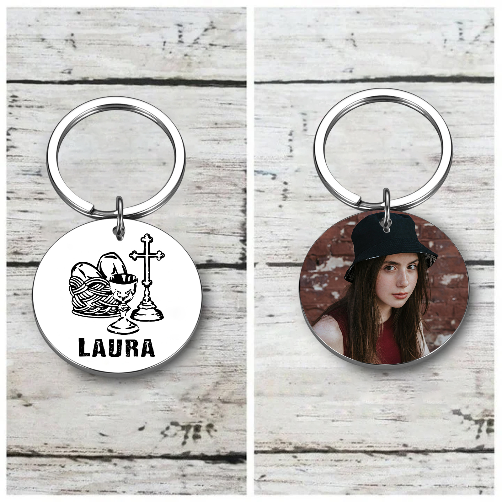 Personalisierbarer Name & Foto Rund Metall Schlüsselanhänger zur Konfirmation Kommunion Geschenk