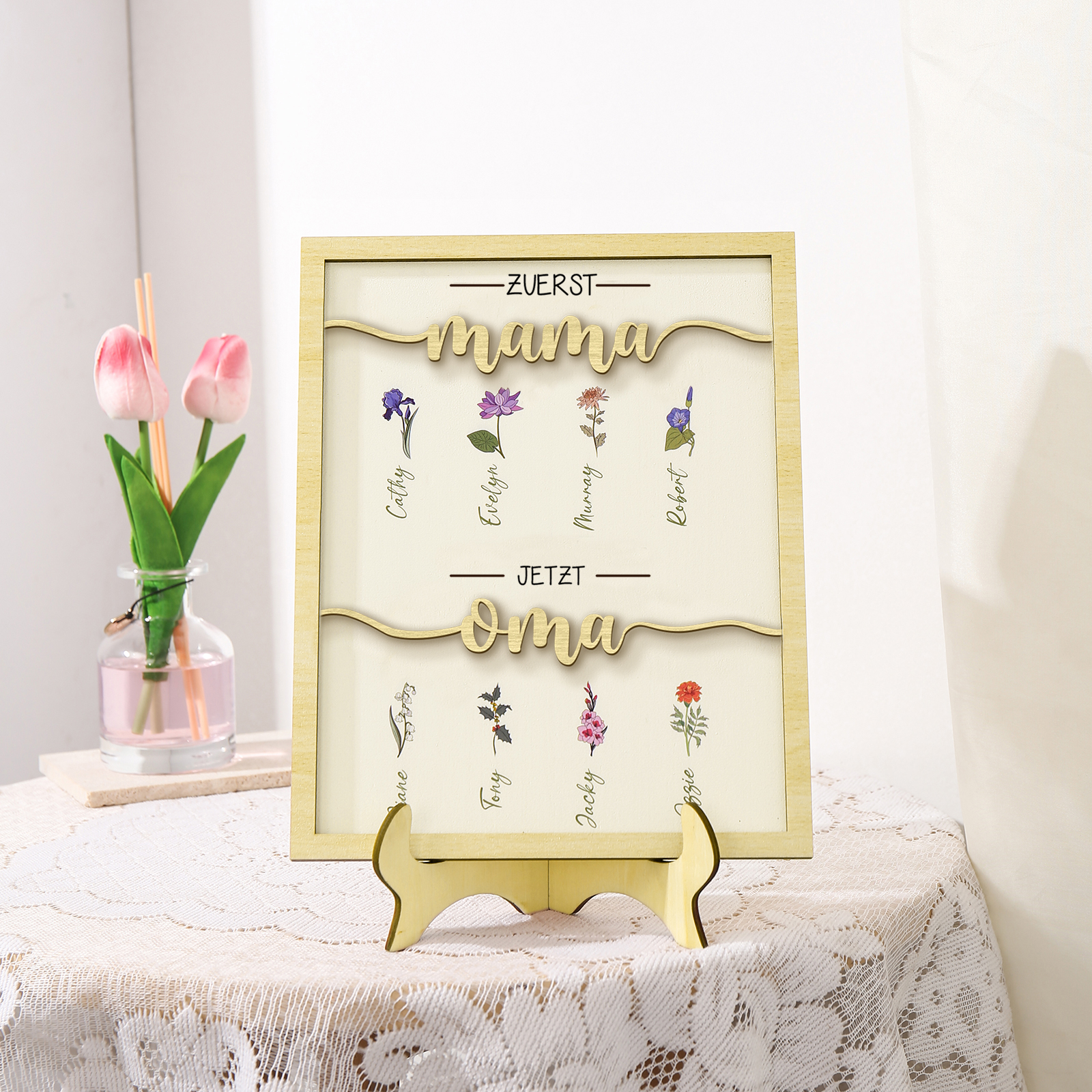 Holz Deko-Personalisierbare 8 Namen & Geburtsblume Ornament Zuerst Mama Jetzt Oma Holzdekoration für Mutter/Großmutter