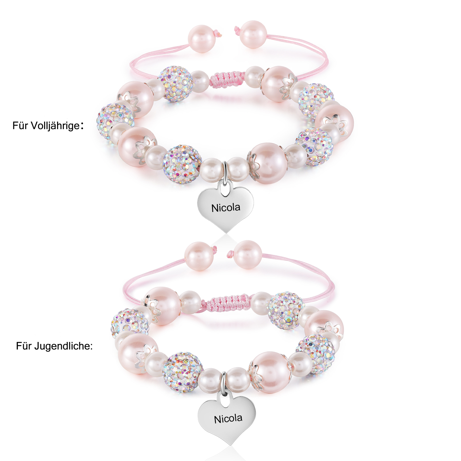 Personalisiertes 2 Namen Perle Herz Rosa Armbänder Set