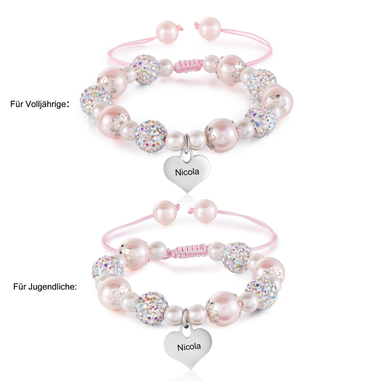 Personalisiertes 2 Namen Perle Herz Rosa Armbänder Set
