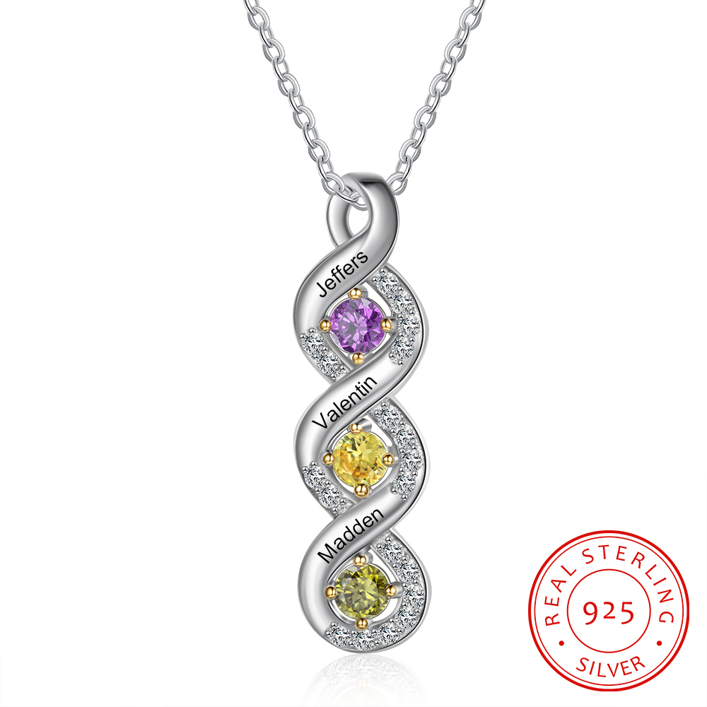 S925 Silber Gravur 3 Namen Infinity Halskette mit 3 Geburtssteinen