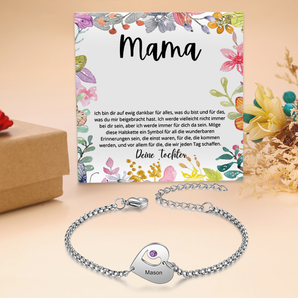 Personalisiertes 1 Name Herz Charm Armband mit 1 Geburtsstein-Geschenk mit Nachrichtenkarte