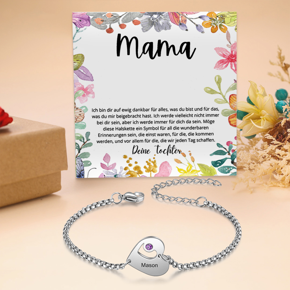 Personalisiertes 1 Name Herz Charm Armband mit 1 Geburtsstein-Geschenk mit Nachrichtenkarte