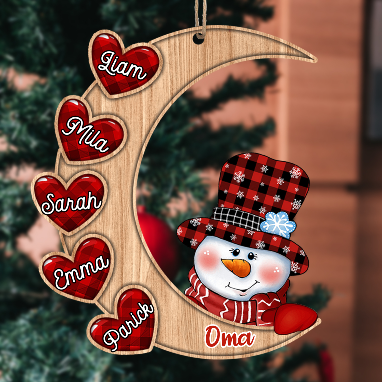 Holz Weihnachtsornament-Personalisierte 2-13 Namen Schneemann Halbmond Ornament