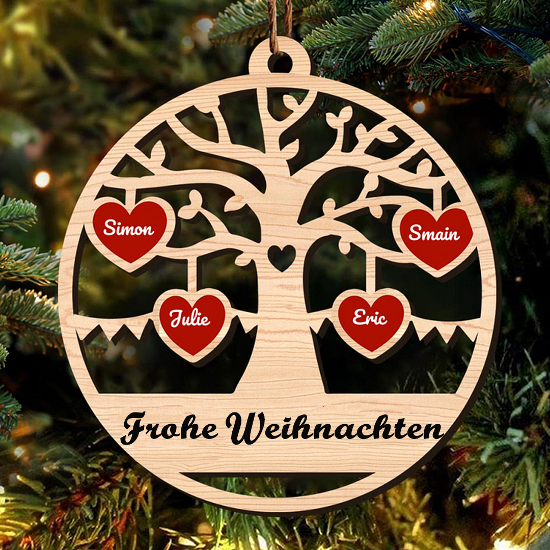 Holz Personalisierte 4 Namen & Text Familienstammbaum Rund Weihnachtsornament mit 4 Familienmitgliedern 