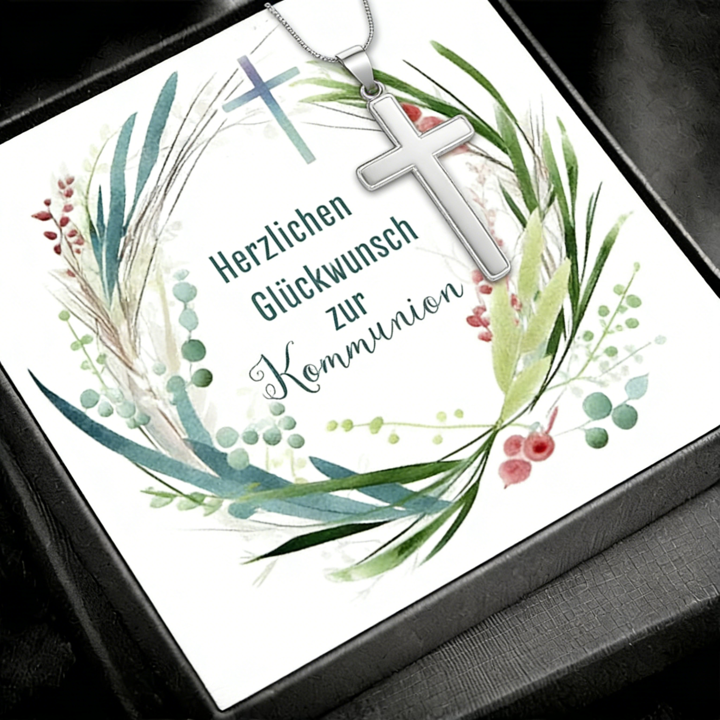 Kreuzkette 925 Silber personalisierbare Grußkarte – Geschenk zur Kommunion/Konfirmation für Mädchen & Jungen, Patenkind
