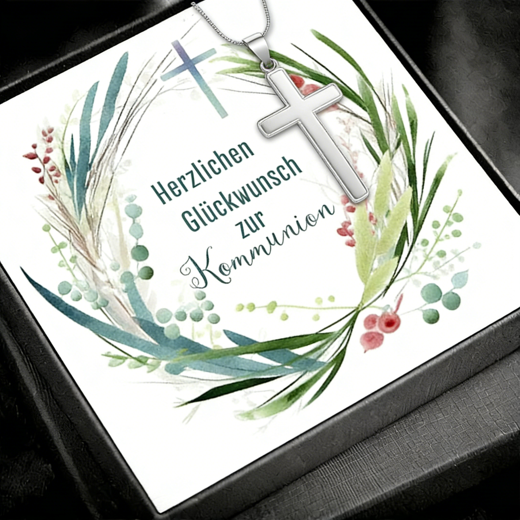 Kreuzkette 925 Silber personalisierbare Grußkarte – Geschenk zur Kommunion/Konfirmation für Mädchen & Jungen, Patenkind