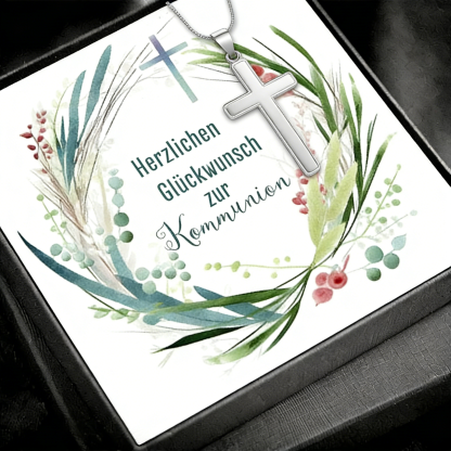 Kreuzkette 925 Silber personalisierbare Grußkarte – Geschenk zur Kommunion/Konfirmation für Mädchen & Jungen, Patenkind