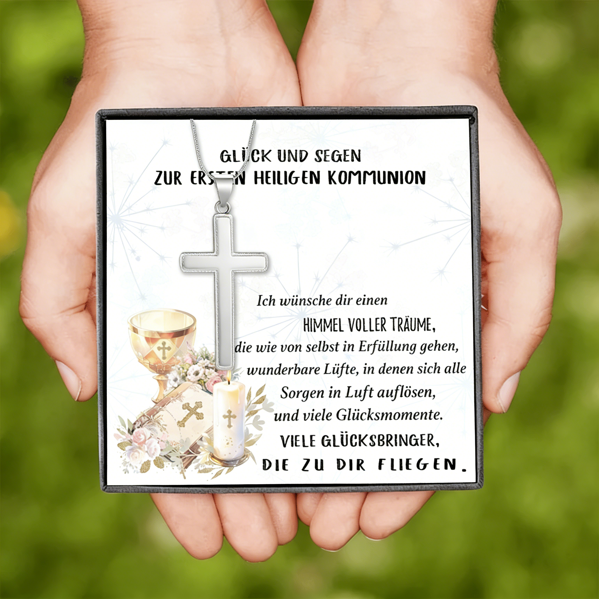 Kreuzkette 925 Silber mit Grußkarte – Geschenk zur Kommunion/Konfirmation für Patenkind, Mädchen & Jungen