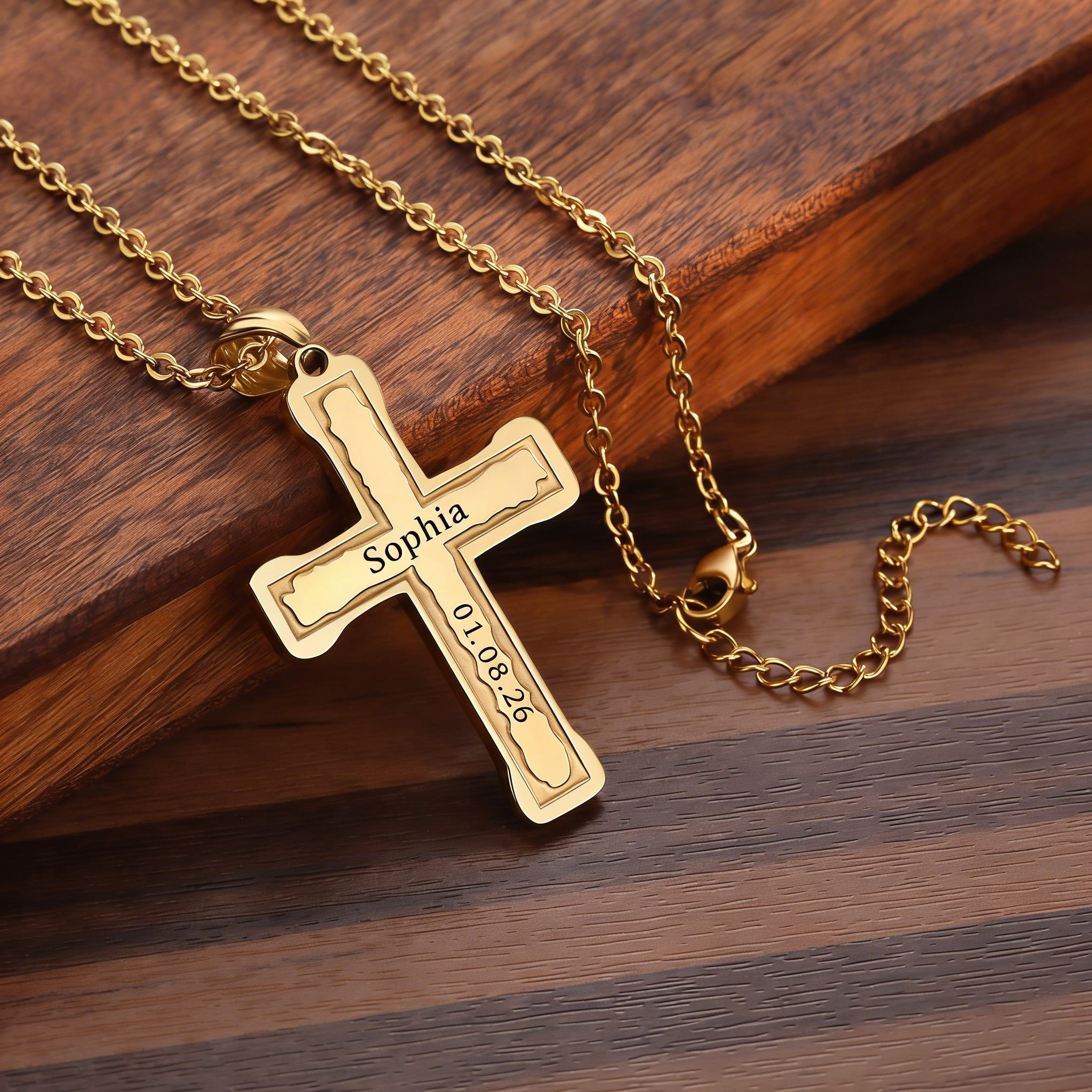 Personalisierte Kreuzkette Gold – Datum + Name/Text – Geschenk zur Taufe oder Kommunion inkl. Geschenkbox mit Karte