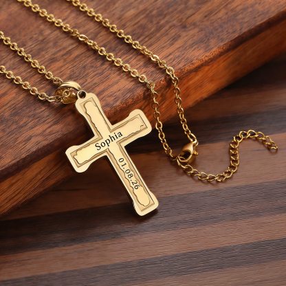 Personalisierte Kreuzkette Gold – Datum + Name/Text – Geschenk zur Taufe oder Kommunion inkl. Geschenkbox mit Karte
