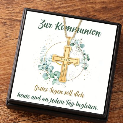 Personalisierte Kreuzkette Gold – Datum + Name/Text – Geschenk zur Taufe oder Kommunion inkl. Geschenkbox mit Karte