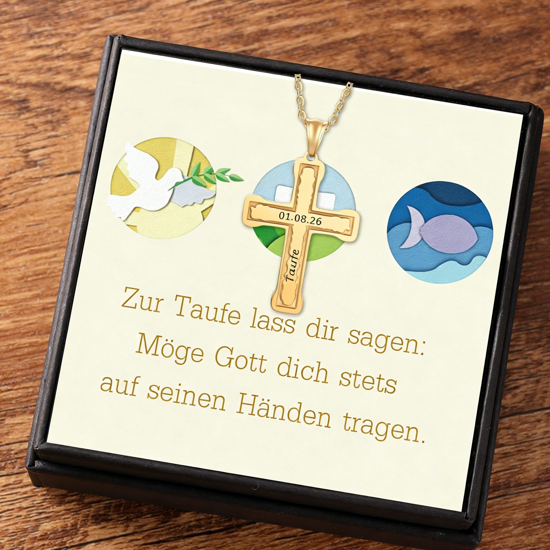Personalisierte Kreuzkette Gold – Datum + Name/Text – Geschenk zur Taufe oder Kommunion inkl. Geschenkbox mit Karte