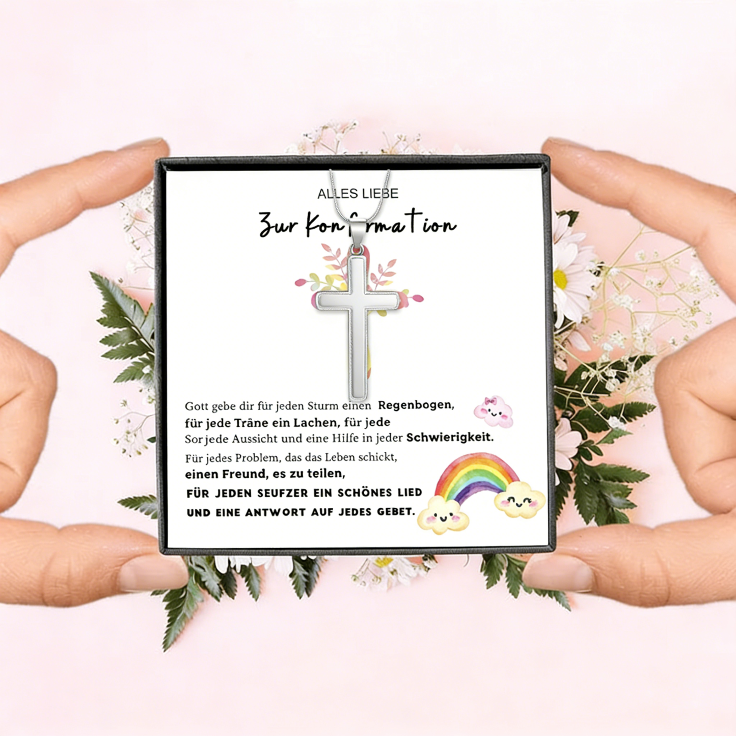 Kreuzkette 925 Silber mit Grußkarte – Geschenk zur Konfirmation für Mädchen & Jungen, Patenkind