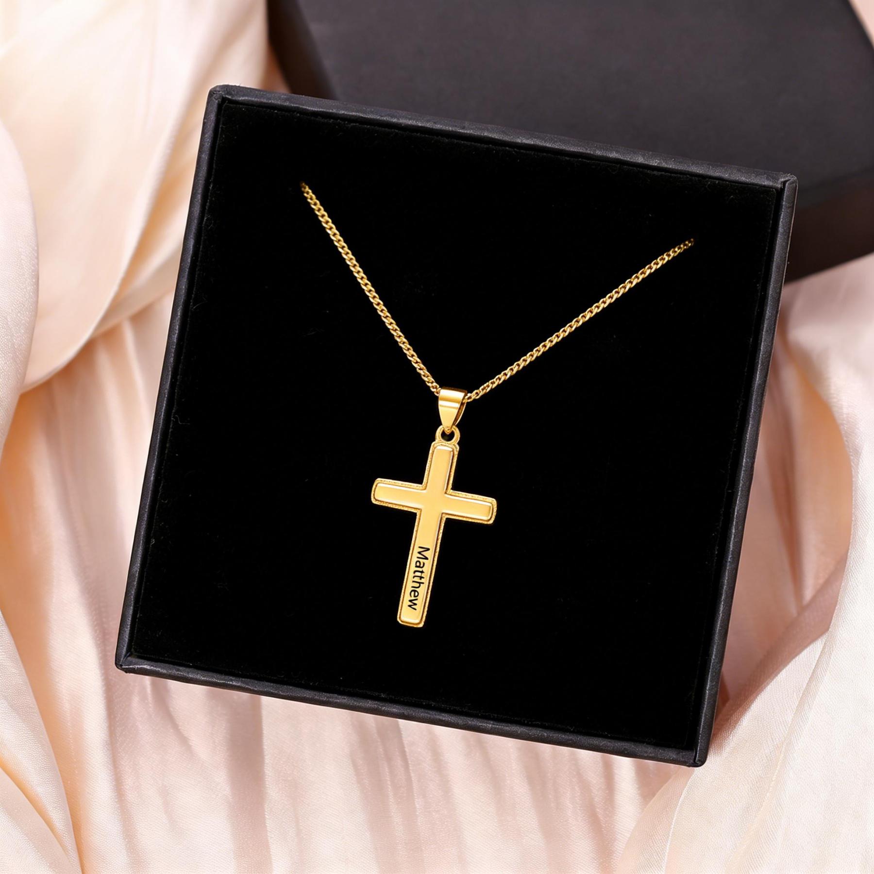 Personalisierte vergoldete Kreuzkette aus 925er Sterlingsilber mit Namensgravur Geschenk zur Taufe Firmung oder Erstkommunion