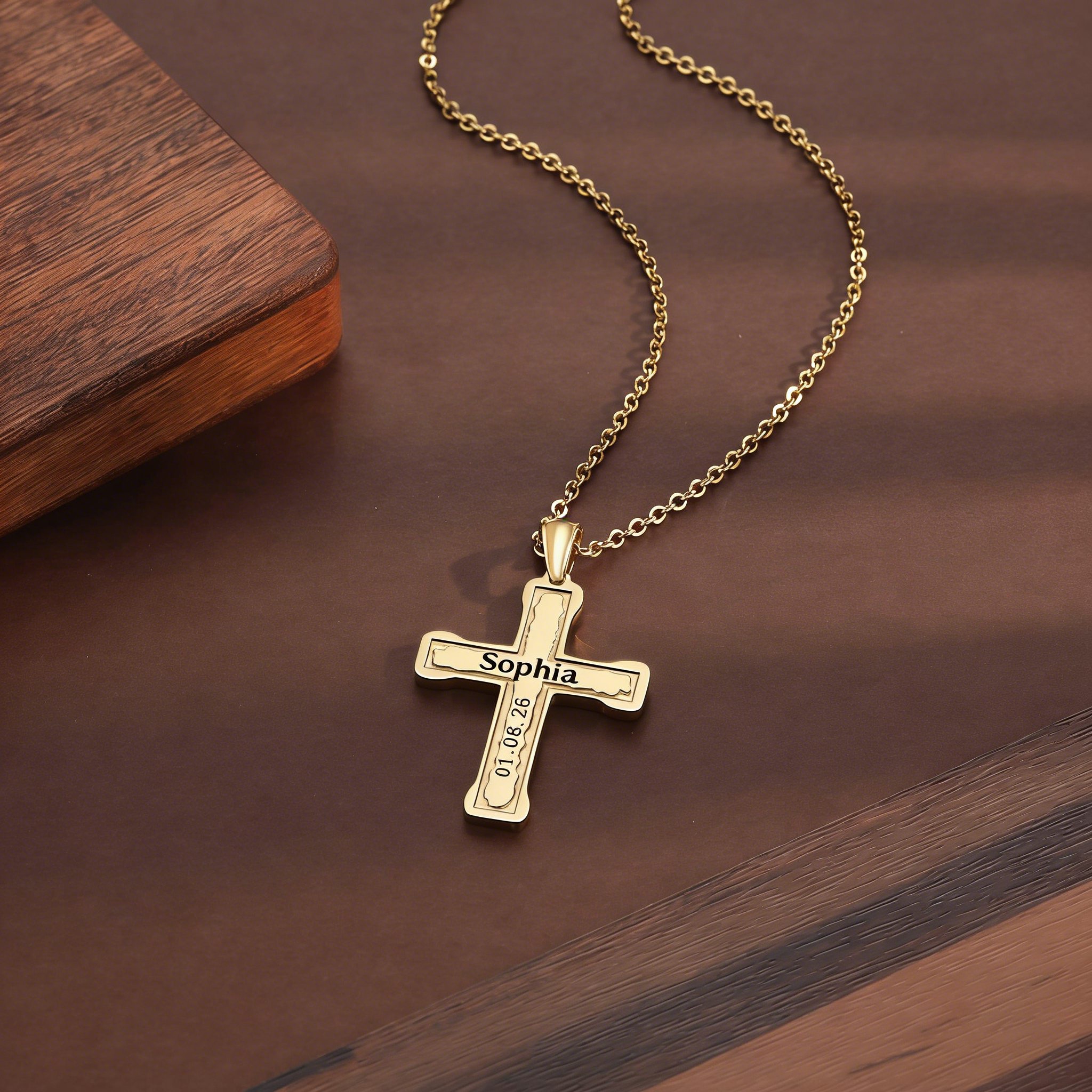 Personalisierte Kreuzkette Gold – Datum + Name/Text – Geschenk zur Taufe oder Kommunion inkl. Geschenkbox mit Karte