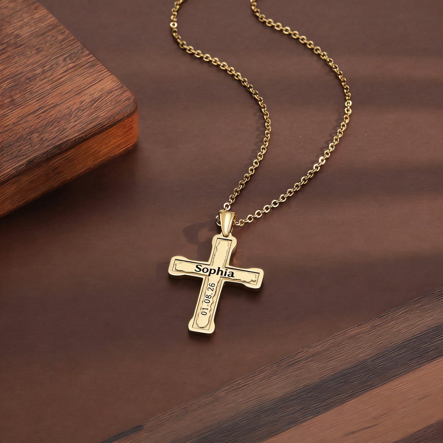 Personalisierte Kreuzkette Gold – Datum + Name/Text – Geschenk zur Taufe oder Kommunion inkl. Geschenkbox mit Karte