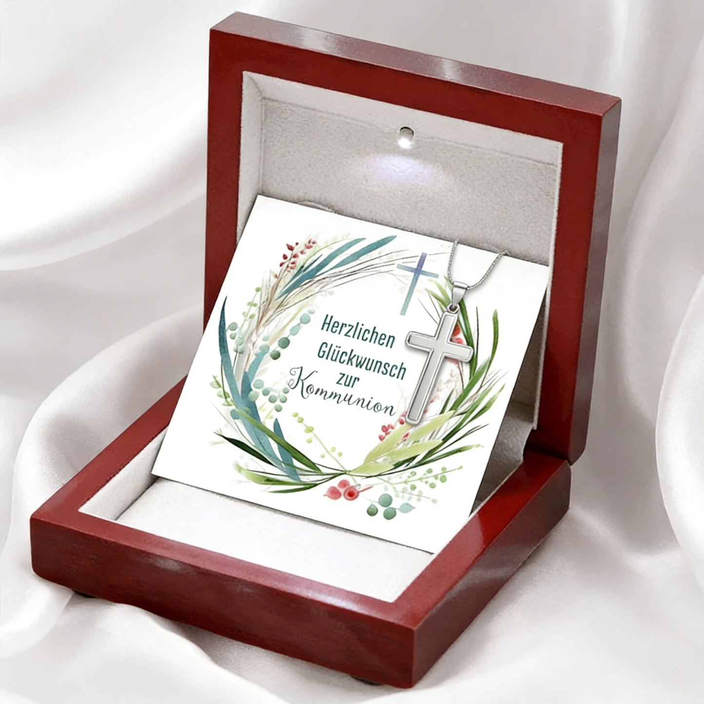 Kreuzkette 925 Silber personalisierbare Grußkarte – Geschenk zur Kommunion/Konfirmation für Mädchen & Jungen, Patenkind