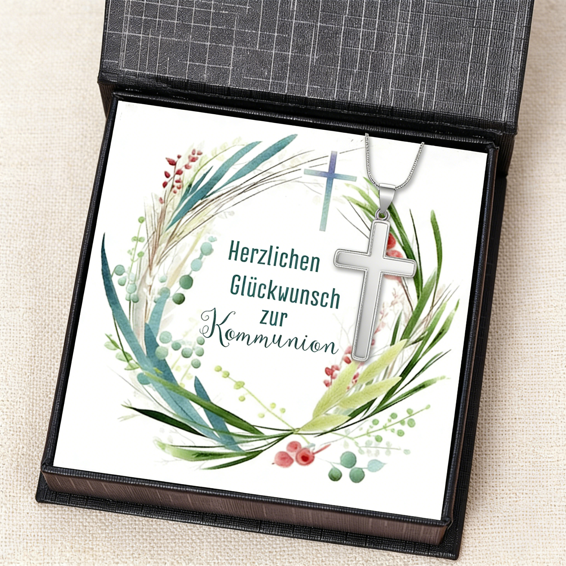 Kreuzkette 925 Silber personalisierbare Grußkarte – Geschenk zur Kommunion/Konfirmation für Mädchen & Jungen, Patenkind