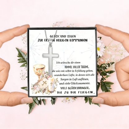 Kreuzkette 925 Silber mit Grußkarte – Geschenk zur Kommunion/Konfirmation für Patenkind, Mädchen & Jungen