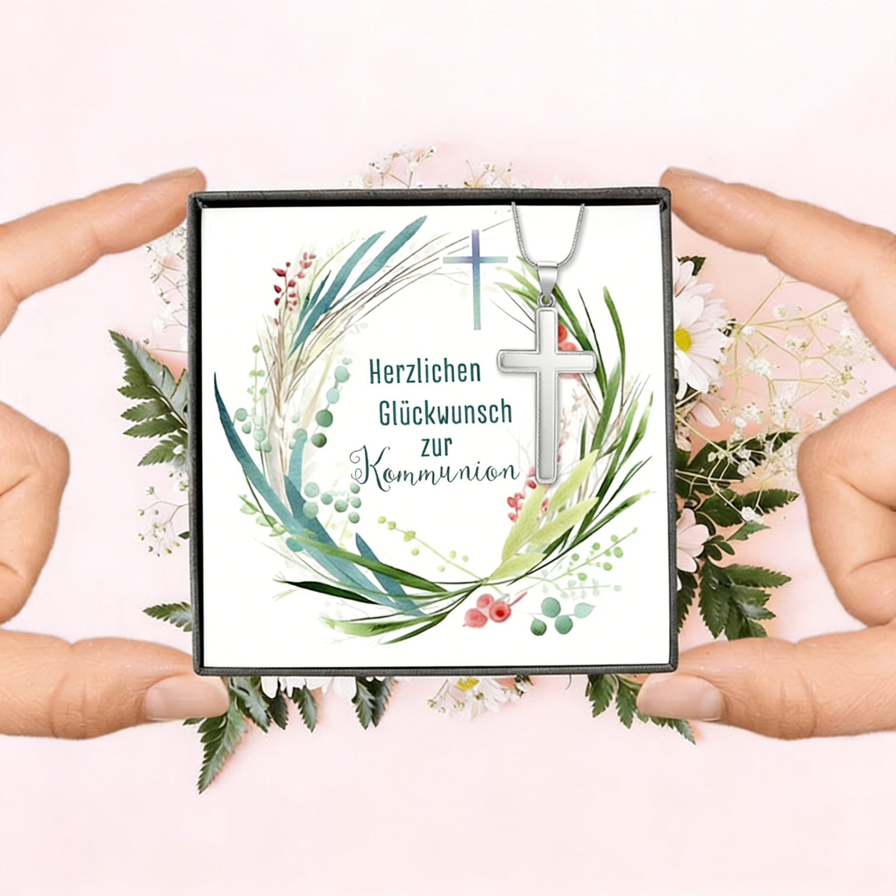 Kreuzkette 925 Silber personalisierbare Grußkarte – Geschenk zur Kommunion/Konfirmation für Mädchen & Jungen, Patenkind