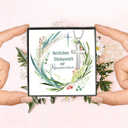 Kreuzkette 925 Silber personalisierbare Grußkarte – Geschenk zur Kommunion/Konfirmation für Mädchen & Jungen, Patenkind