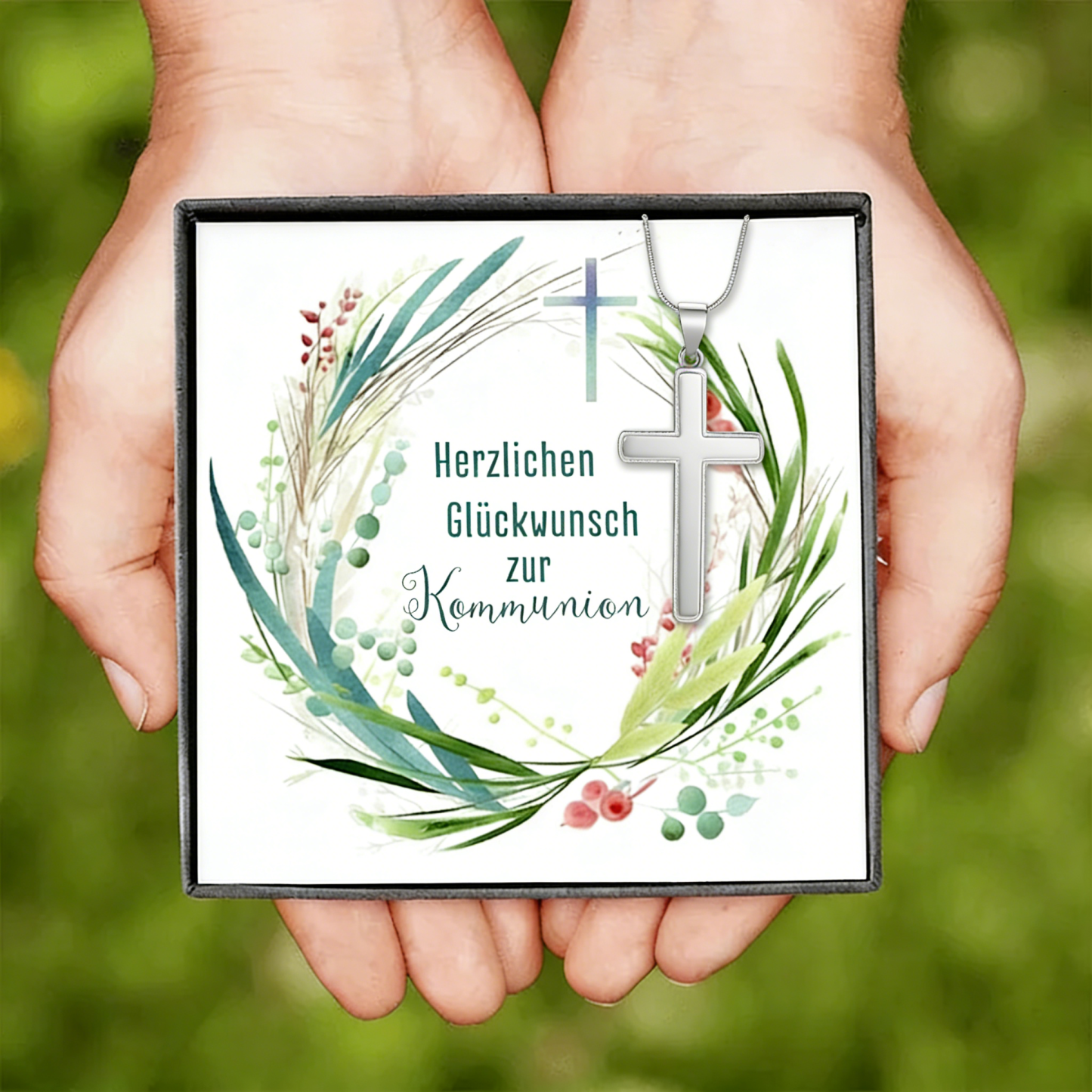 Kreuzkette 925 Silber personalisierbare Grußkarte – Geschenk zur Kommunion/Konfirmation für Mädchen & Jungen, Patenkind