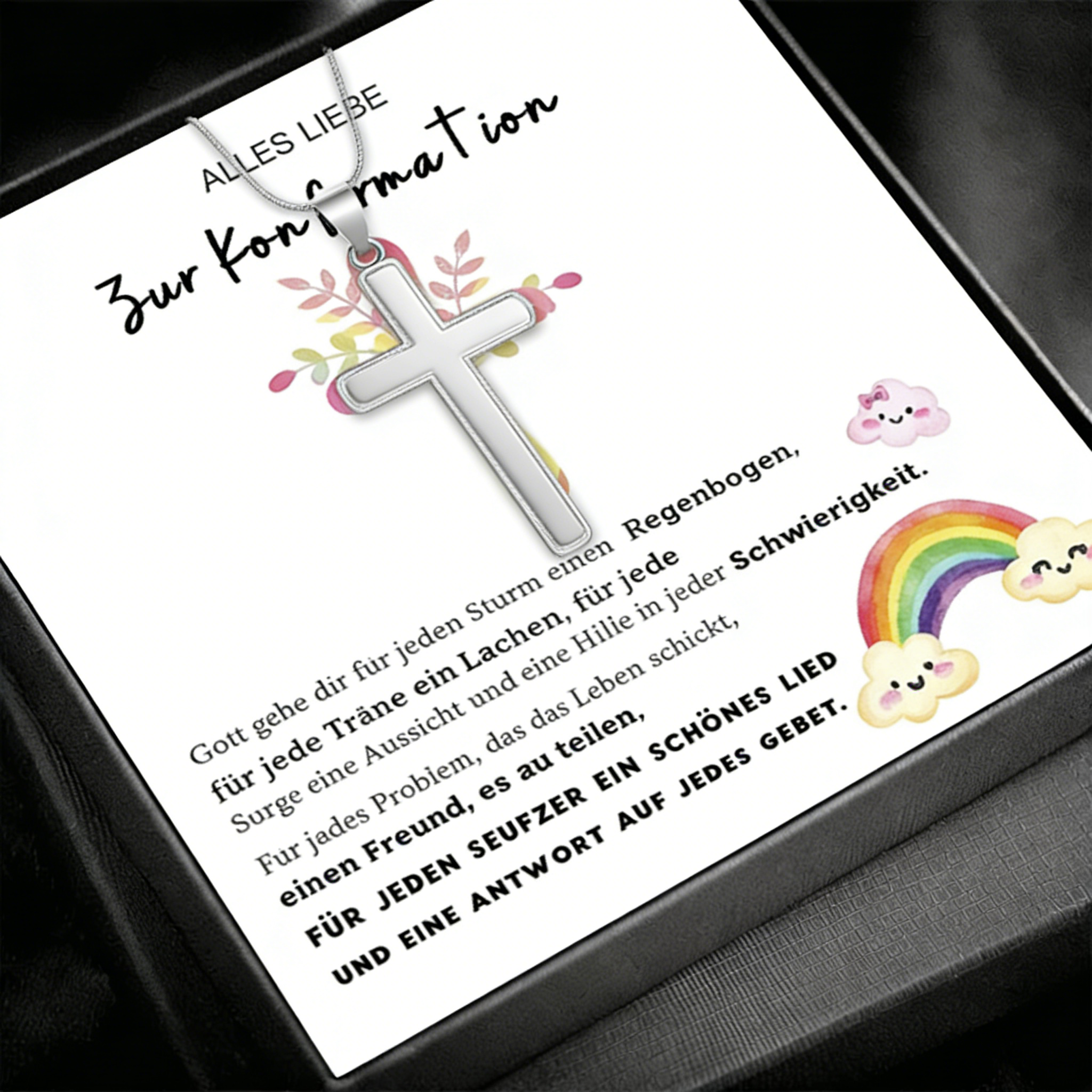Kreuzkette 925 Silber mit Grußkarte – Geschenk zur Konfirmation für Mädchen & Jungen, Patenkind