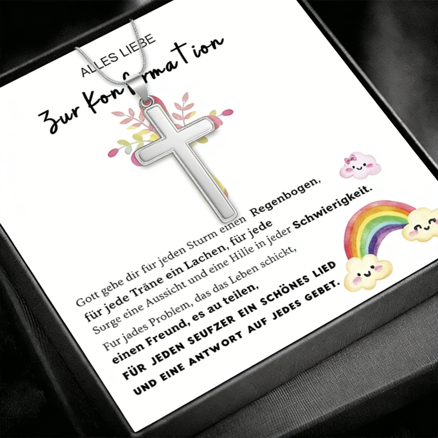 Kreuzkette 925 Silber mit Grußkarte – Geschenk zur Konfirmation für Mädchen & Jungen, Patenkind