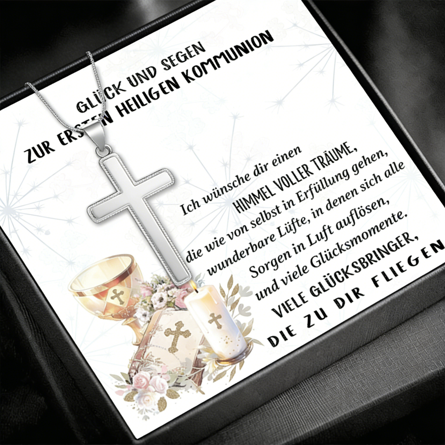 Kreuzkette 925 Silber mit Grußkarte – Geschenk zur Kommunion/Konfirmation für Patenkind, Mädchen & Jungen