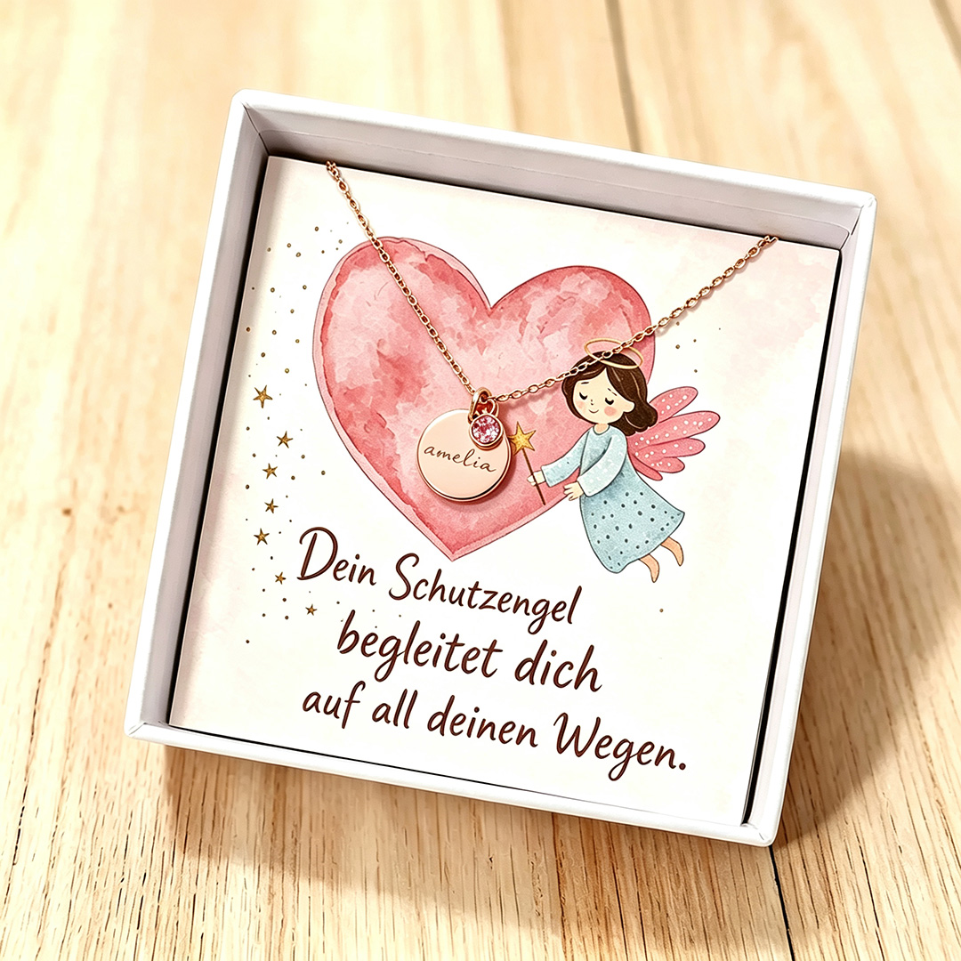 Personalisierte Namenskette mit Geburtsstein und Namensgravur inklusive Schutzengel-Geschenkkarte