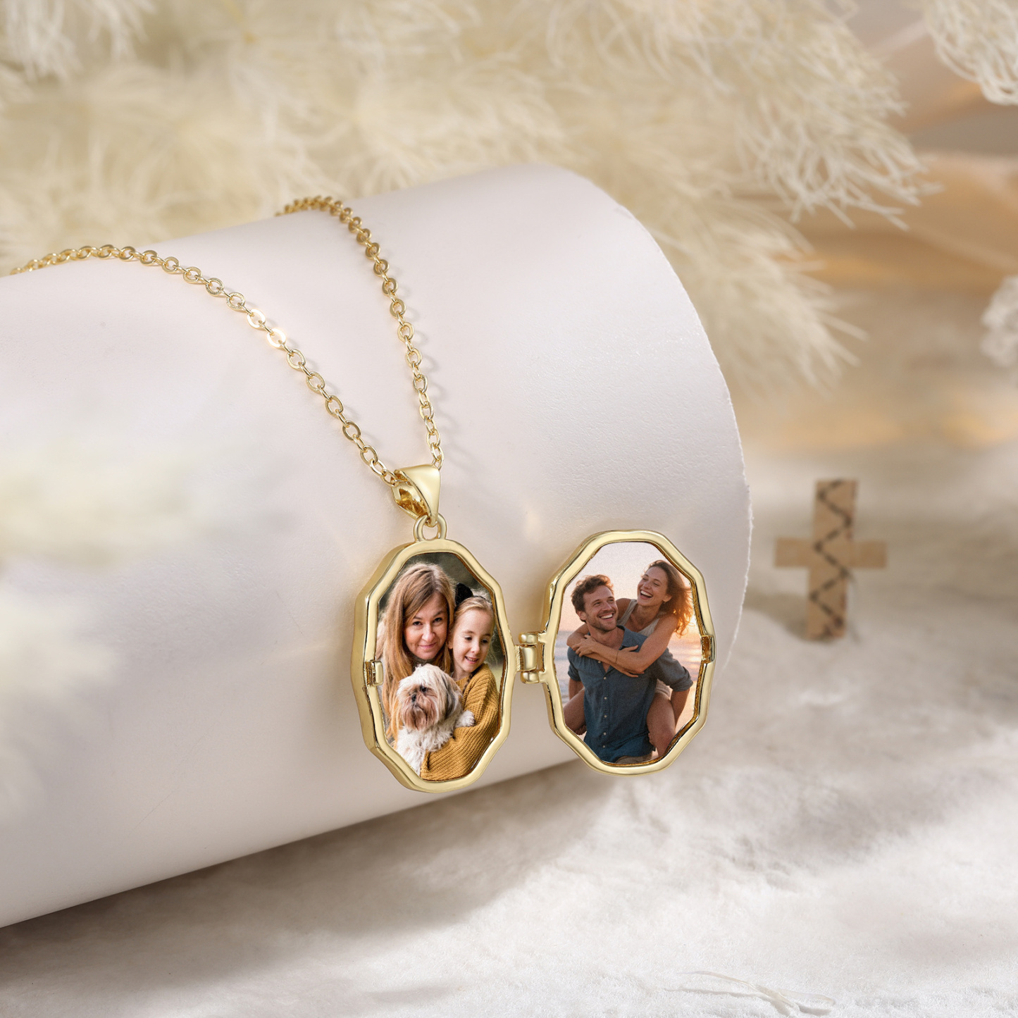 Personalisierte Kreuz Medaillon Halskette mit 2 Fotos personalisiert