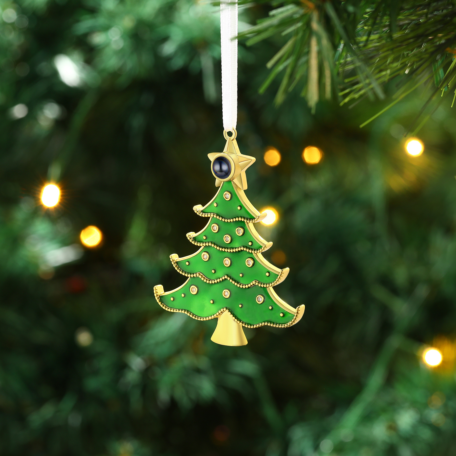 Personalisierter grün-goldener Weihnachtsbaum-Anhänger, Fotoprojektion, Ornament, für Weihnachtsgeschenke