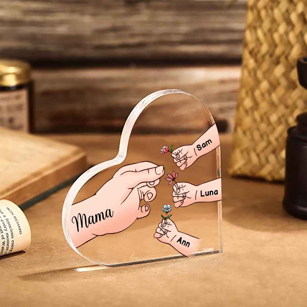 Personalisierte 4 Namen Mama Hand Familie Acryl-Deko Schreibtischdekoration für Mutter