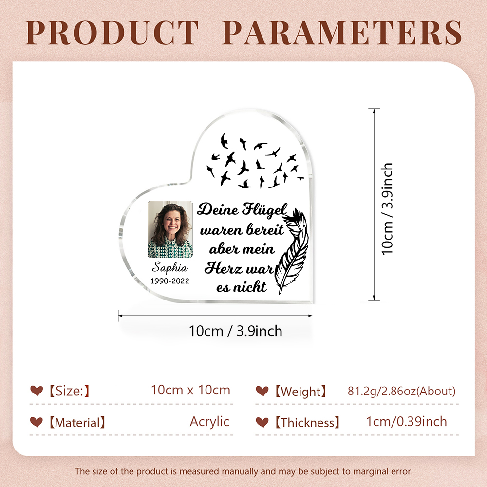 Personalisierter Name & Jahr & Foto Acryl-Deko-Deine Flügel waren bereit aber mein Herz war es nicht-Trauer Schreibtischdekoration