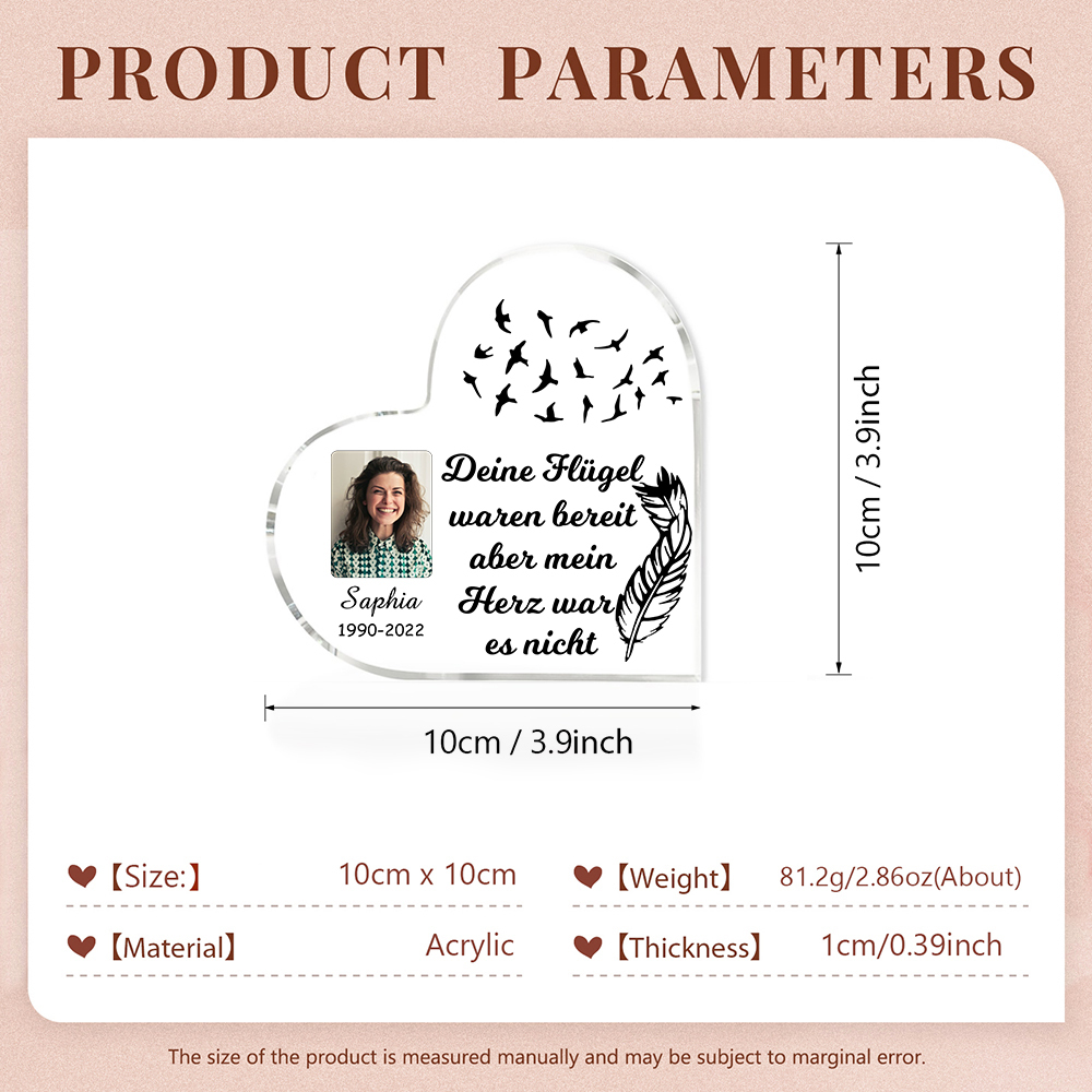 Personalisierter Name & Jahr & Foto Acryl-Deko-Deine Flügel waren bereit aber mein Herz war es nicht-Trauer Schreibtischdekoration