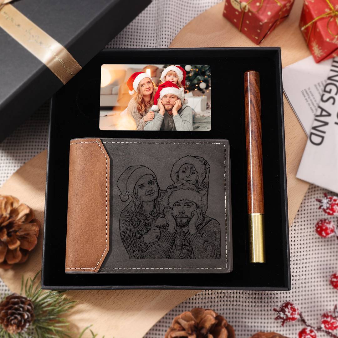 Personalisierte Foto & Name & Buchstabe Geldbörse & Foto & Text Wallet Card & Stift Geschenkbox Set für Mann Freund