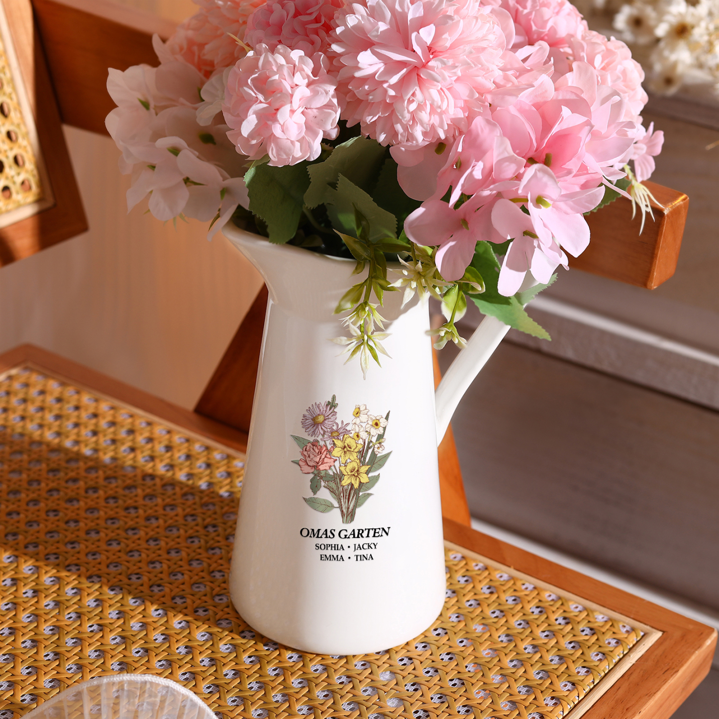 Personalisierte 4 Namen & Geburtsblumen & Text Gießvase mit Henkel Familie Vase