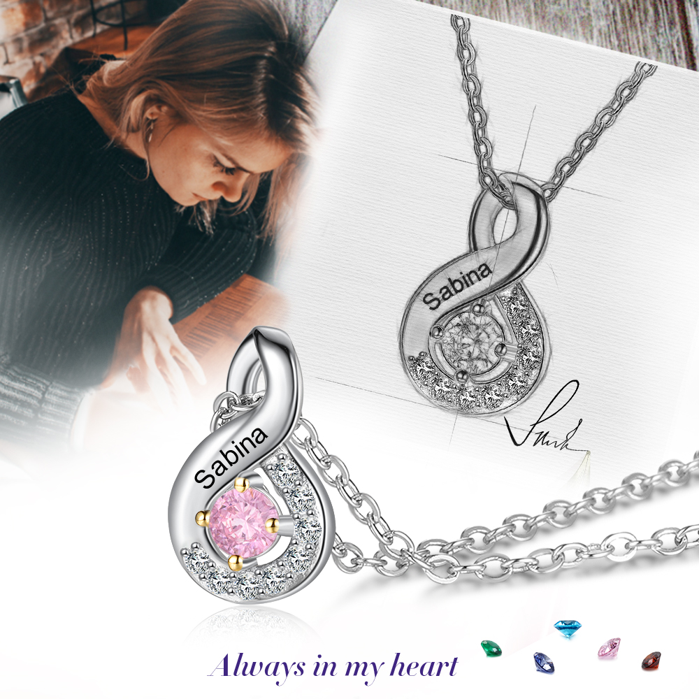 S925 Silber Gravur 1 Name Infinity Halskette mit 1 Geburtsstein