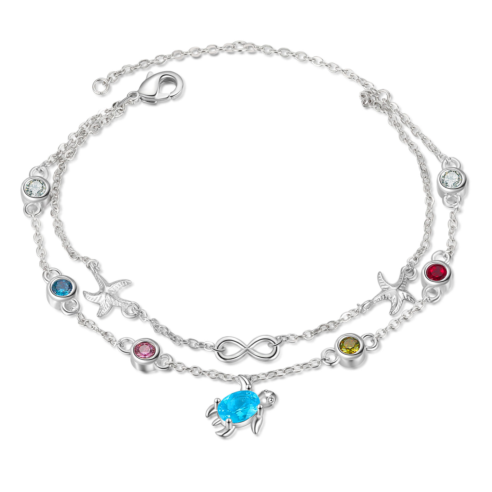 Personalisierte 4 Geburtssteine Seestern & Schildkröte Armband