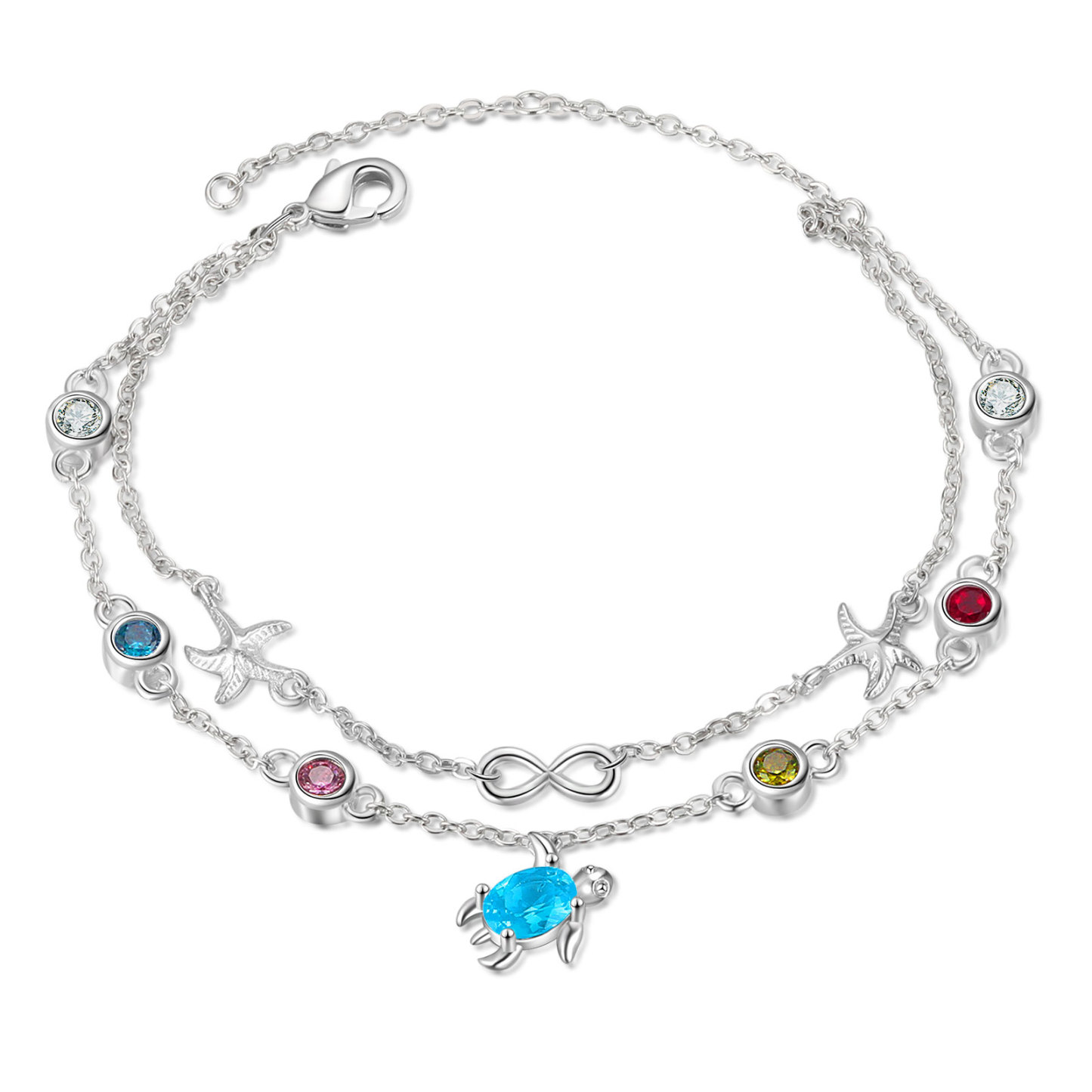Personalisierte 4 Geburtssteine Seestern & Schildkröte Armband