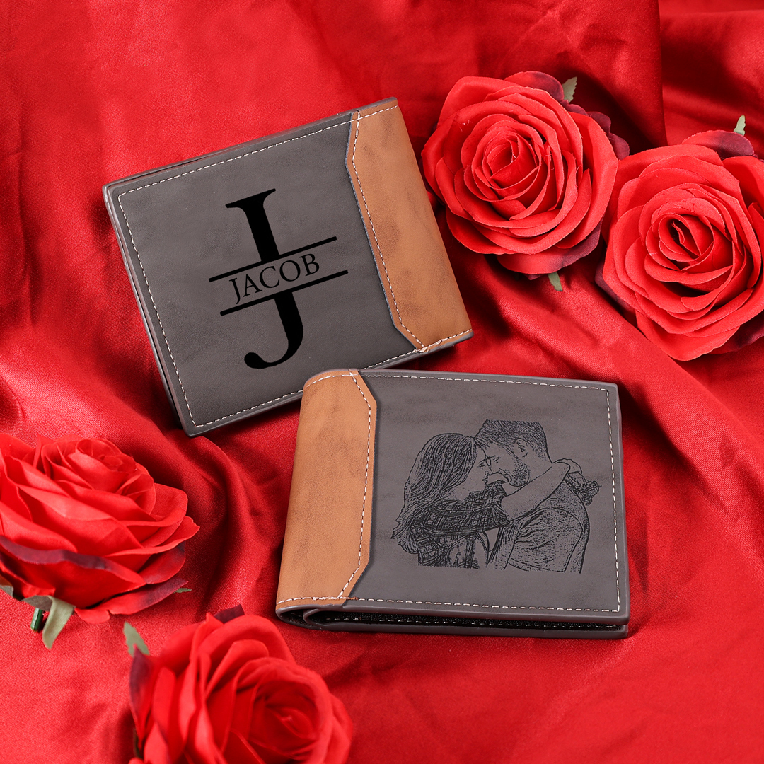 Herren Personalisierte Foto & Name & Buchstabe Grau Leder Geldbörse-Geschenk für Vater