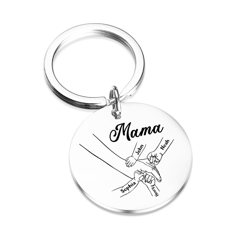 Personalisierbare 4 Namen & Text Rund Metall Mama Hand Schlüsselanhänger für Mutter