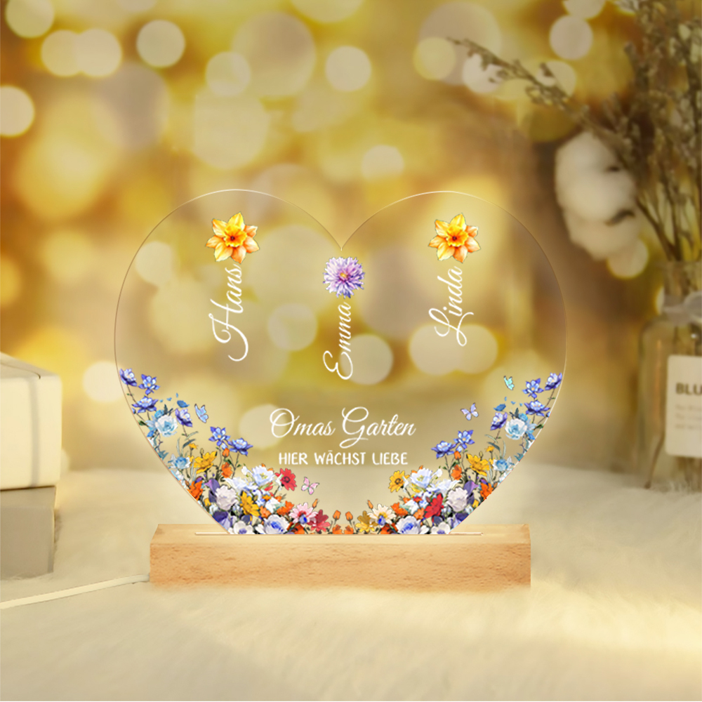 Personalisierte 1-8 Namen & Blumen Herz Omas Garten Nachtlicht Geschenk für Großmutter zum Muttertag