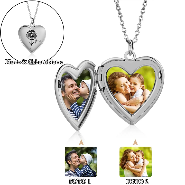 Personalisierte 2 Fotos & Geburtsblume & Name Feine Herz Halskette