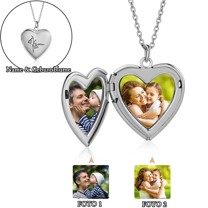 Personalisierte 2 Fotos & Geburtsblume & Name Feine Herz Halskette