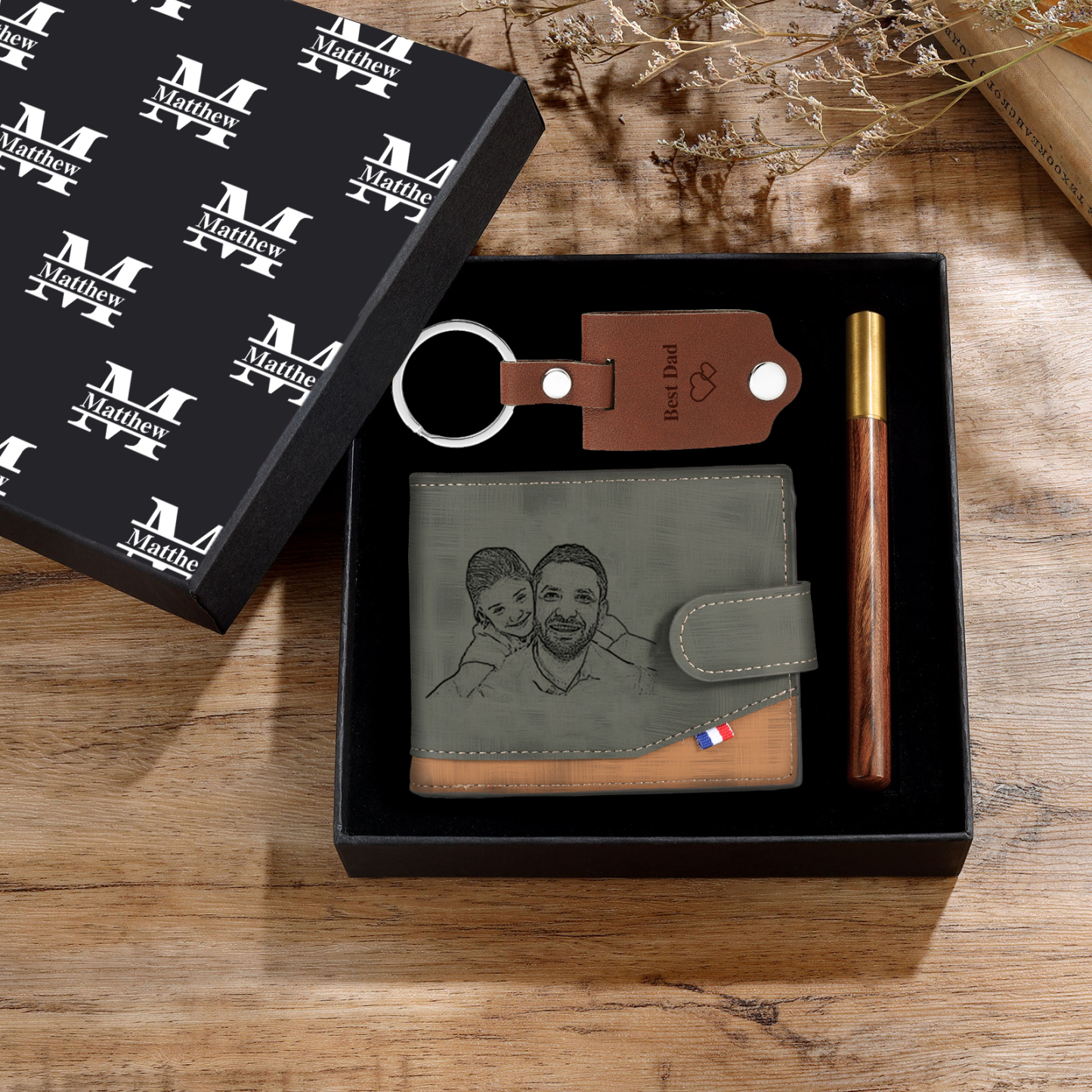 Personalisierte 2 Texte & 2 Fotos & 2 Namen & 2 Buchstaben Geldbörse & Schlüsselanhänger & Stift Geschenkpackung Geschenkset