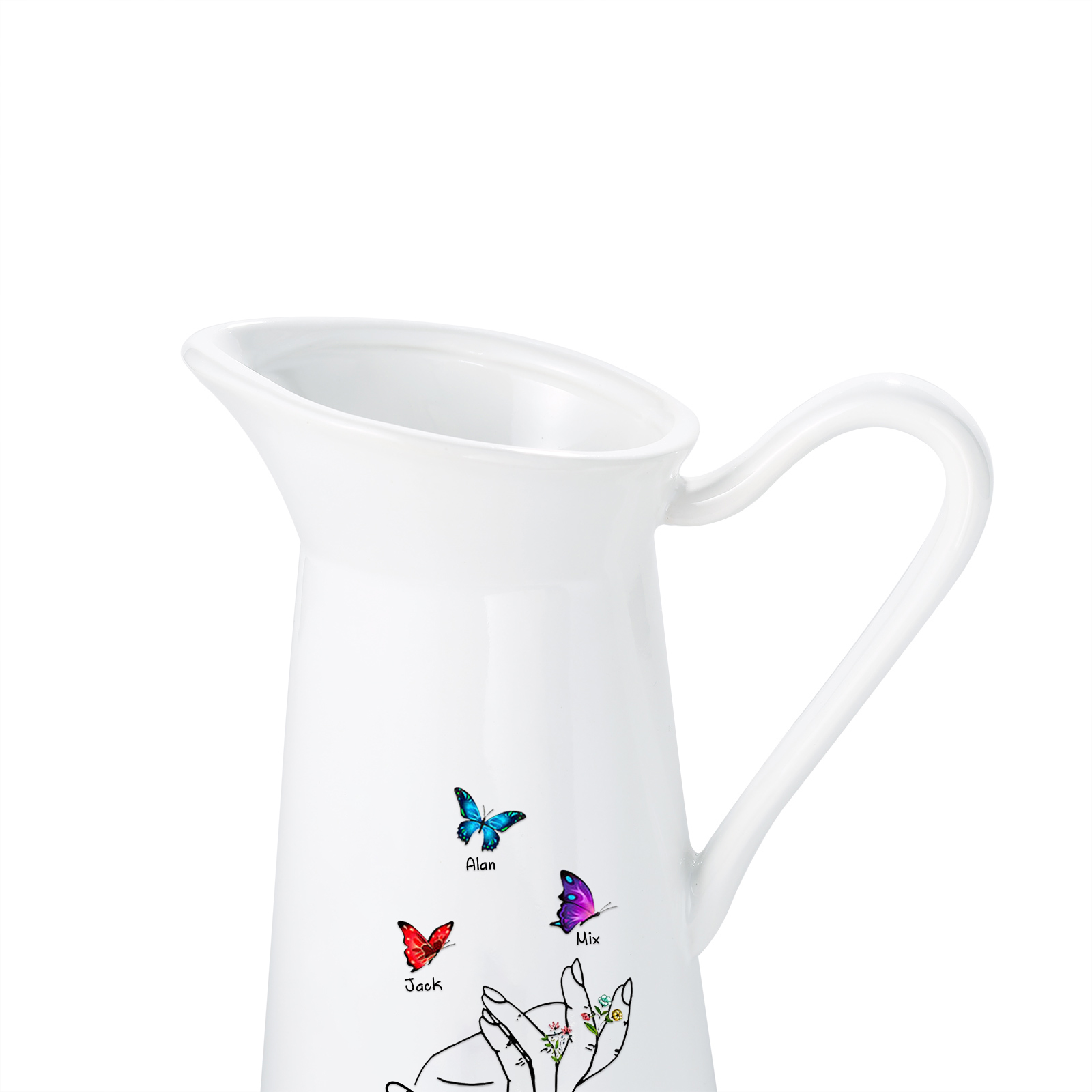 Personalisierte 3 Namen & Text Schmetterling in der Hand Gießvase mit Henkel Familie Vase