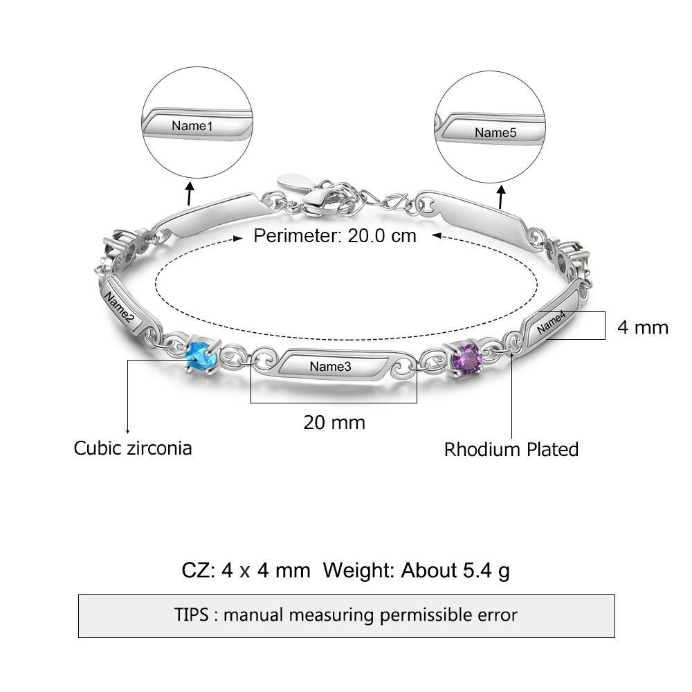 Personalisiertes Armband mit eingravierten 4 Namen und 4 Geburtssteinarmbändern